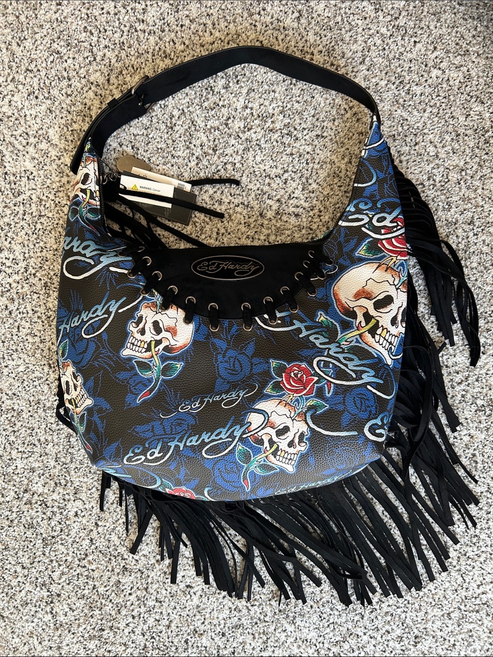 NWT Ed Hardy Y2K Tattoo Print Fringe Hobo Shoulder Bag - Skull & Roses Blue